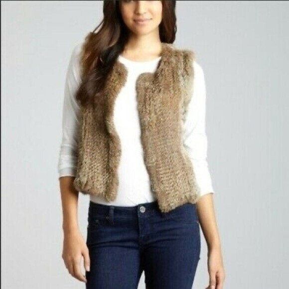 525 America Luxe genuine natural brown open front knit Rabbit fur vest - Picture 1 of 8